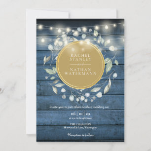 Blue Rustic Wood Greenery String Lights Wedding Invitation
