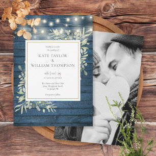 Blue Rustic Wood Greenery String Lights Wedding Invitation