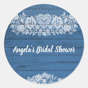 Blue Rustic Wood Lace Farmhouse Barn Chic Classic Round Sticker