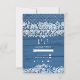 Blue Rustic Wood Lace Farmhouse Barn Wedding RSVP Card