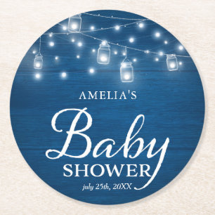 Blue Rustic Wood Mason Jars and Lights Baby Shower Round Paper Coaster