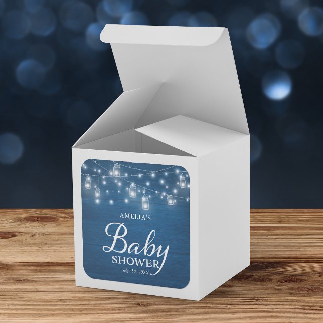 Blue Rustic Wood Mason Jars and Lights Baby Shower Square Sticker (Creator Uploaded)