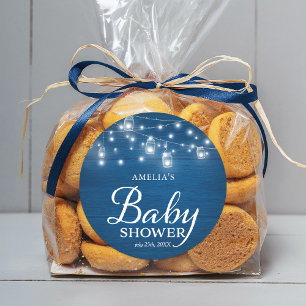 Blue Rustic Wood Mason Jars Lights Baby Shower Classic Round Sticker