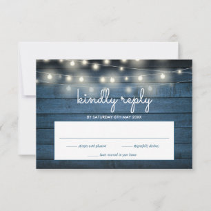 Blue Rustic Wood Panels String Lights RSVP Card