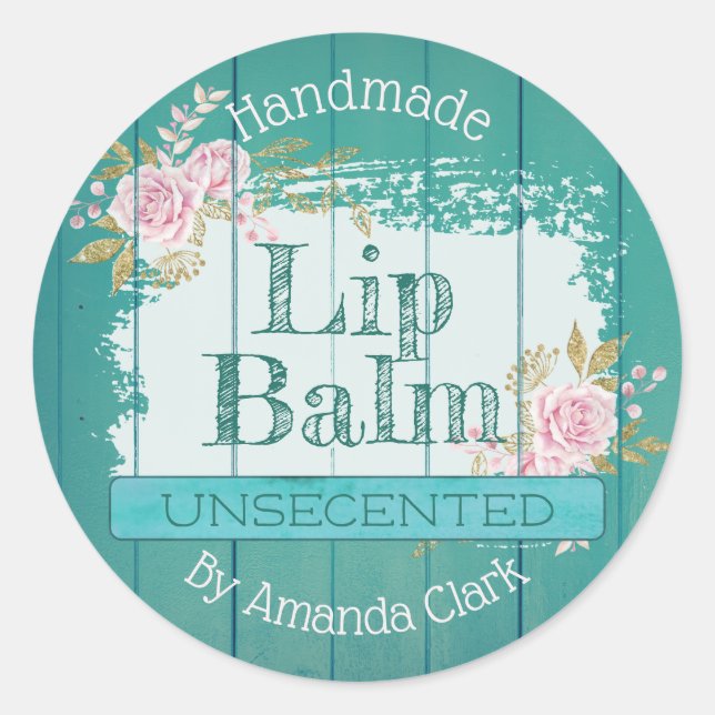 Blue Rustic Wood Pink Roses Lip Balm Labels (Front)