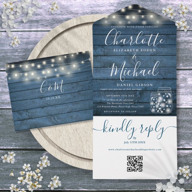 Blue Rustic Wood QR Code Mason Jars Lights Wedding All In One Invitation (Blue Rustic Wood QR Code Mason Jars Lights Wedding All In One Invitation)