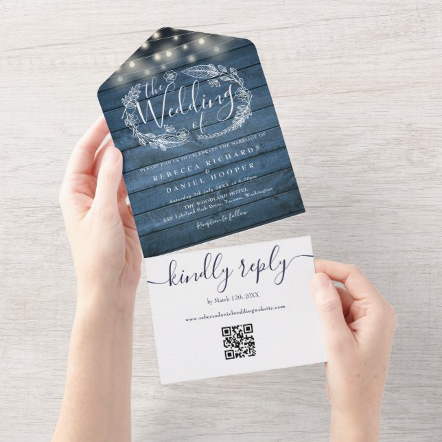 Blue Rustic Wood QR Code String Lights Wedding All In One Invitation (Tearaway)