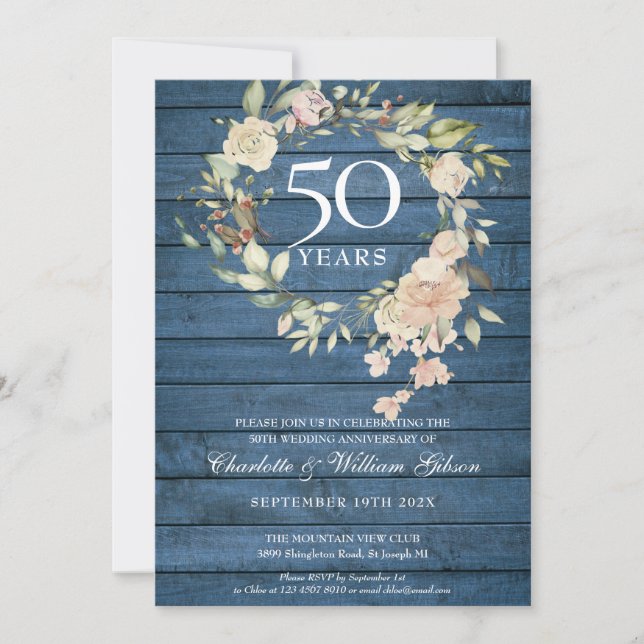 Blue Rustic Wood Roses Garland 50th Anniversary Invitation (Front)