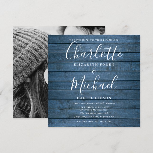Blue Rustic Wood Signature Script Wedding Photo Invitation (Front/Back)