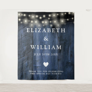 Blue Rustic Wood String Light Photo Booth Backdrop Tapestry