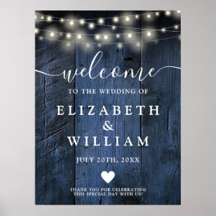Blue Rustic Wood String Light Wedding Welcome Sign