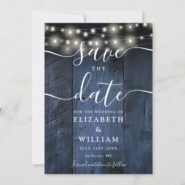 Blue Rustic Wood String Lights Barn Boho Wedding  Save The Date (Front)