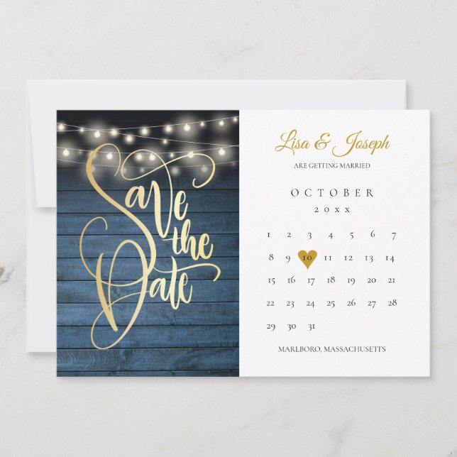 Blue Rustic Wood String Lights Calendar Gold Heart Save The Date (Front)