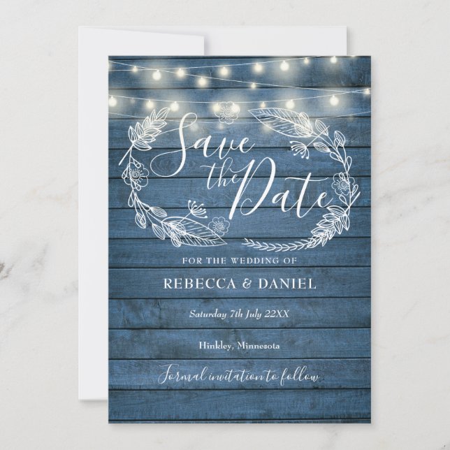Blue Rustic Wood String Lights Country Floral Save The Date (Front)