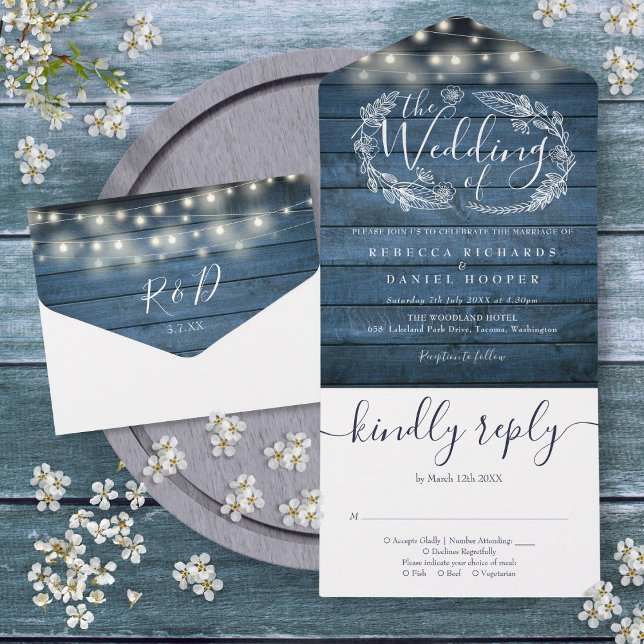 Blue Rustic Wood String Lights Floral Wedding All In One Invitation (Blue Rustic Wood String Lights Floral Wedding All In One Invitation)