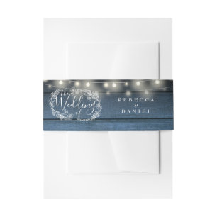 Blue Rustic Wood String Lights Floral Wedding Invitation Belly Band