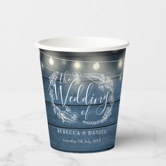 Blue Rustic Wood String Lights Floral Wedding Paper Cups (Front)