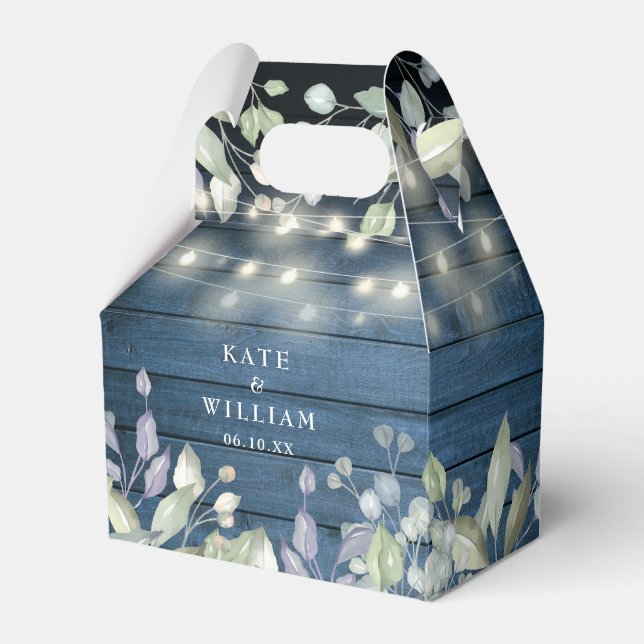 Blue Rustic Wood String Lights Foliage Wedding Favour Box (Front Side)