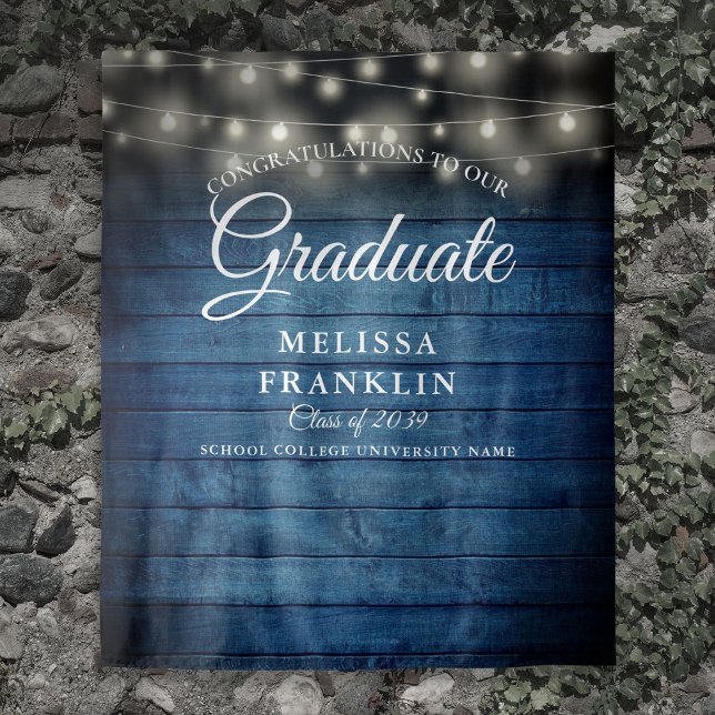 Blue Rustic Wood String Lights Graduation Backdrop Tapestry (Blue Rustic Wood String Lights Graduation Backdrop)