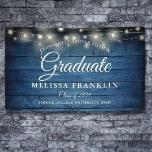 Blue Rustic Wood String Lights Graduation Banner