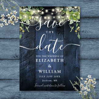 Blue Rustic Wood String Lights Greenery Wedding Save The Date