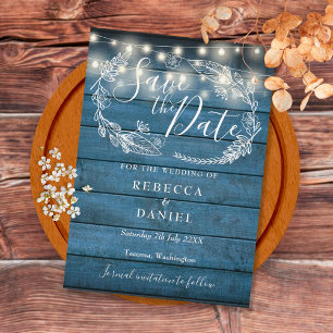 Blue Rustic Wood String Lights Hand-drawn Floral Save The Date