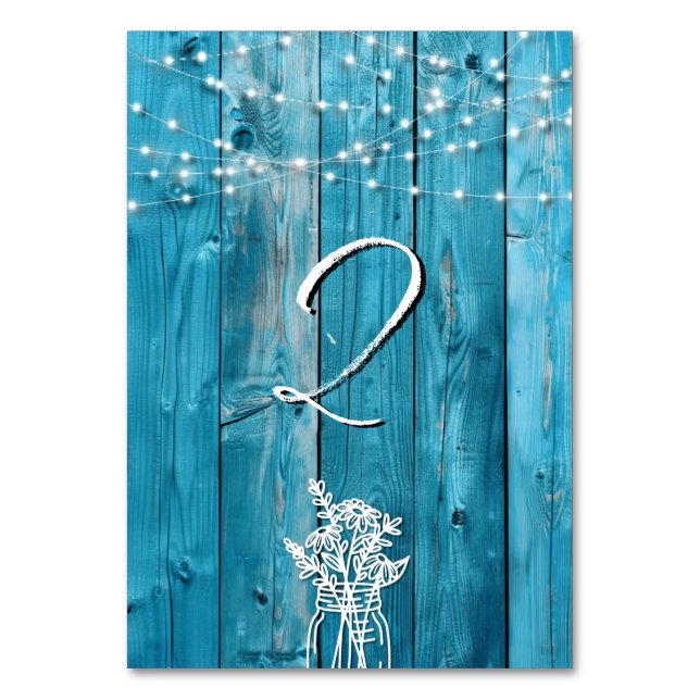 Blue Rustic Wood String Lights Mason Jar Elegant Table Number (Back)