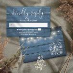 Blue Rustic Wood String Lights Mason Jars RSVP Card<br><div class="desc">A simple elegant signature script RSVP card with your details set in chic typography and blue rustic wood panels,  string lights and mason jars on the reverse. Designed by Thisisnotme©</div>