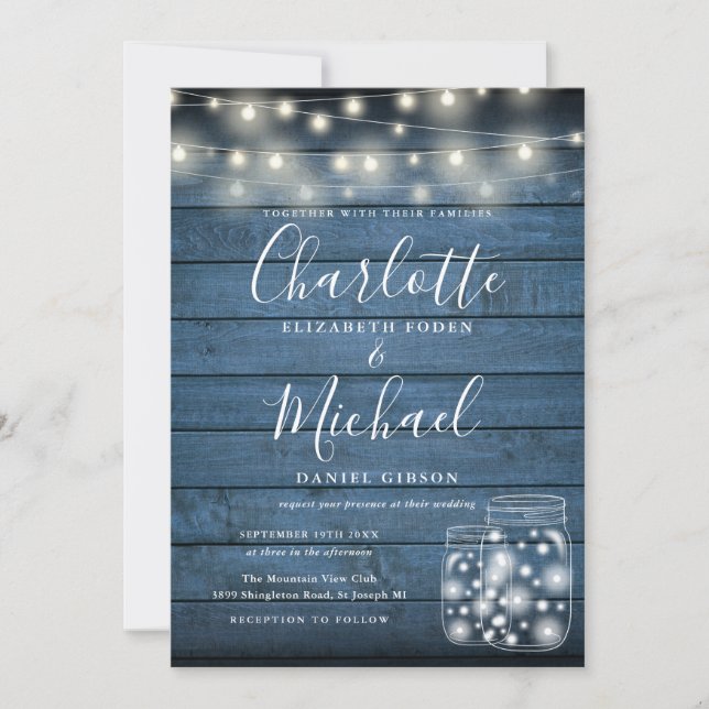 Blue Rustic Wood String Lights Mason Jars Wedding Invitation (Front)