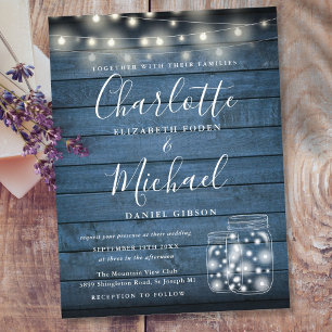 Blue Rustic Wood String Lights Mason Jars Wedding Invitation Postcard