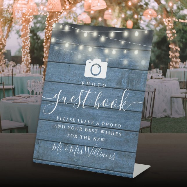 Blue Rustic Wood String Lights Photo Guest Book Pedestal Sign (Blue Rustic Wood String Lights Photo Guest Book Pedestal Sign)