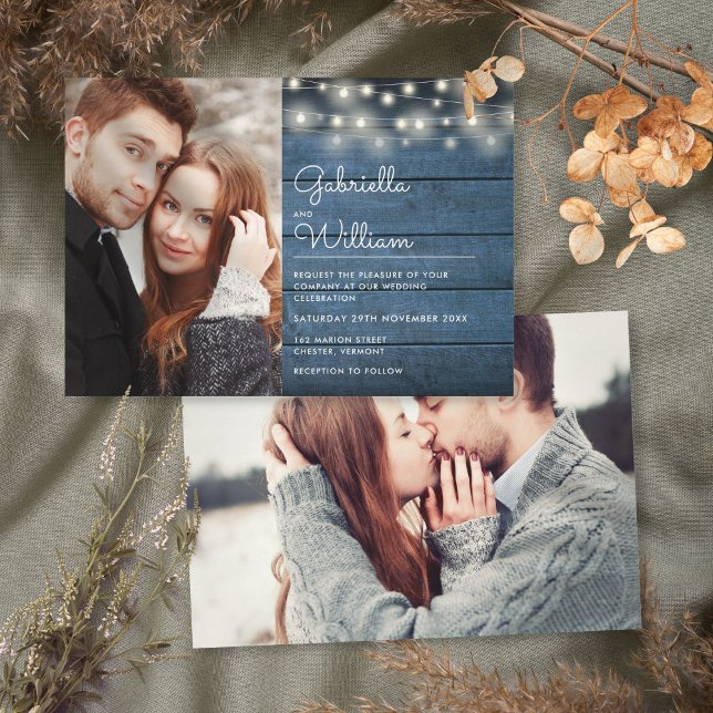Blue Rustic Wood String Lights Photos Wedding Invitation (Creator Uploaded)