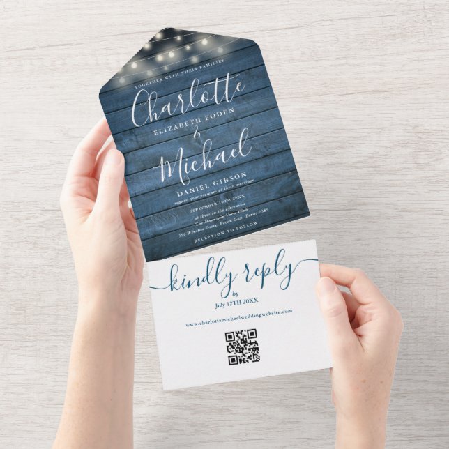 Blue Rustic Wood String Lights QR Code Wedding  All In One Invitation (Tearaway)