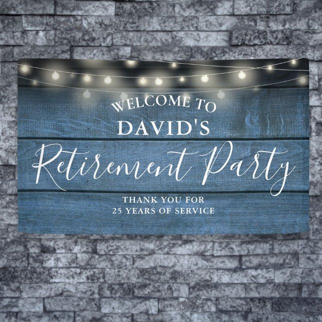 Blue Rustic Wood String Lights Retirement Party Banner (Blue Rustic Wood String Lights Retirement Party Banner)