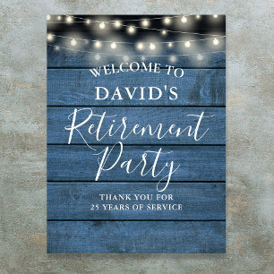 Blue Rustic Wood String Lights Retirement Party Poster