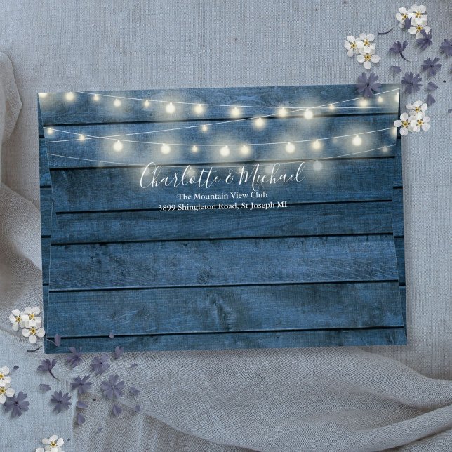 Blue Rustic Wood String Lights Return Address Envelope (Blue Rustic Wood String Lights Return Address Envelope)