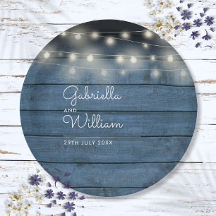 Blue Rustic Wood String Lights Script Wedding Paper Plate