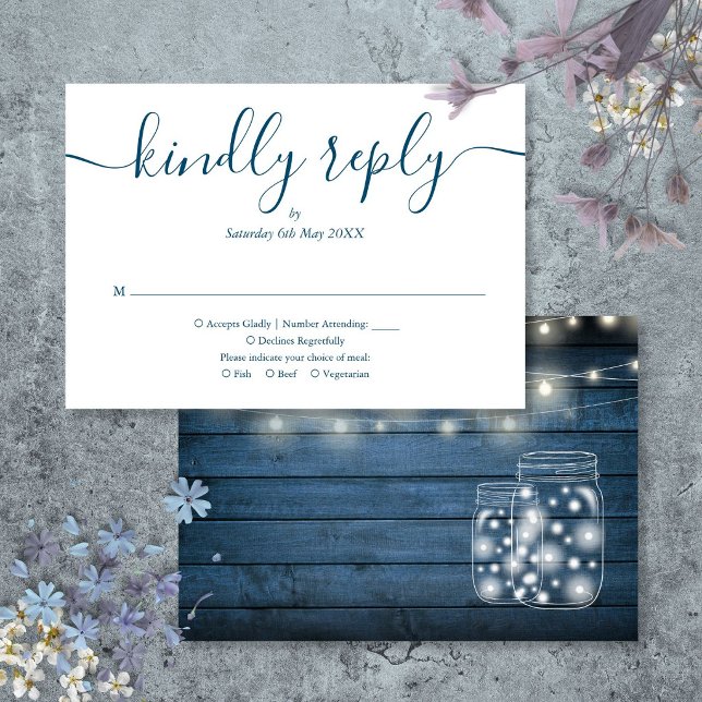 Blue Rustic Wood String Lights Script Wedding RSVP Card (Blue Rustic Wood String Lights Script Wedding RSVP Card)