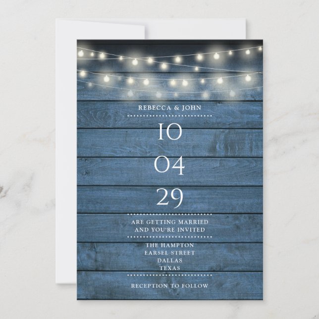 Blue Rustic Wood String Lights Wedding Date Invitation (Front)