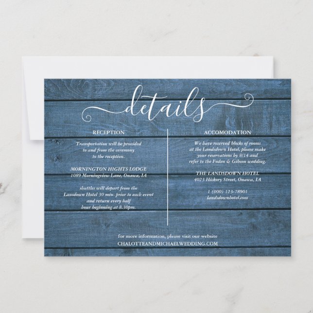 Blue Rustic Wood String Lights Wedding Details Invitation (Front)