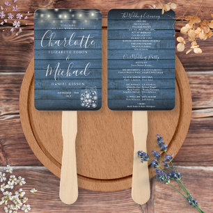 Blue Rustic Wood String Lights Wedding Program Hand Fan