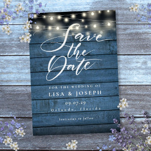 Blue Rustic Wood String Lights Wedding Save The Date