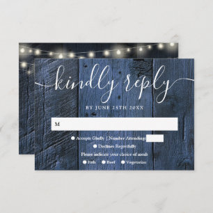 Blue Rustic Wood String Lights Western Wedding RSVP Card