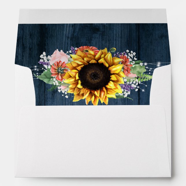 Blue Rustic Wood Sunflower Bouquet Addressed Envelope (Back (Bottom))