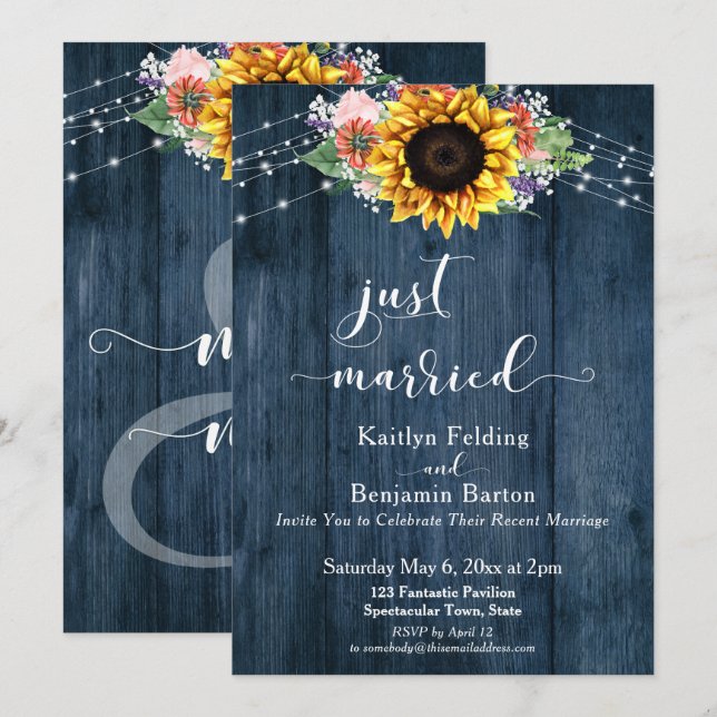Blue Rustic Wood Sunflower Lights Just Married Invitation (Front/Back)