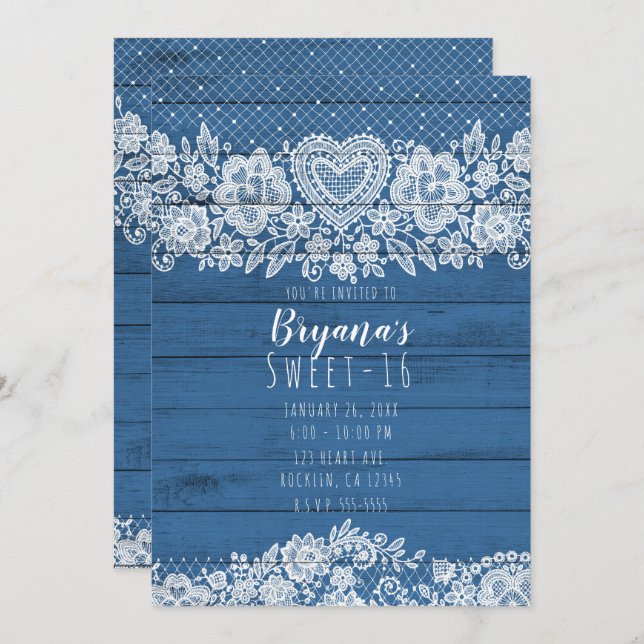 Blue Rustic Wood & White Lace Sweet 16 Birthday Invitation (Front/Back)