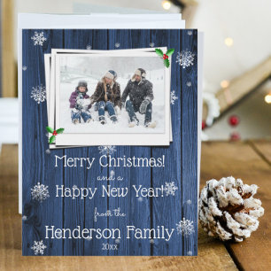 Blue Rustic Wooden Flat Holiday Photo Card