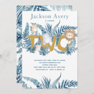 Blue Safari Animals Second Birthday Invitation