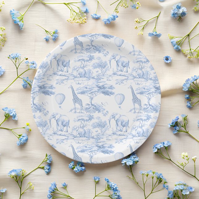 Blue Safari Animals Toile de Jouy Baby shower Paper Plate (Creator Uploaded)