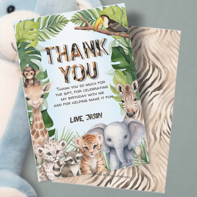 Blue Safari animals, Wild One 1st birthday Thank You Card (Creator Uploaded)
